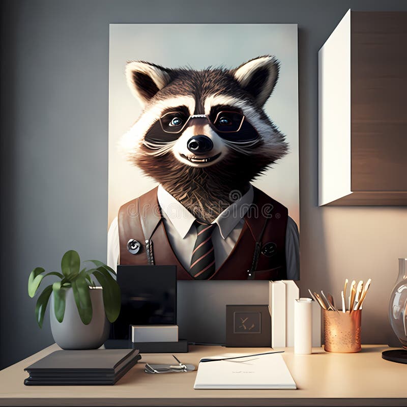 Happy Raccoon Businessman Frame In Office. Generative AI stock illustration