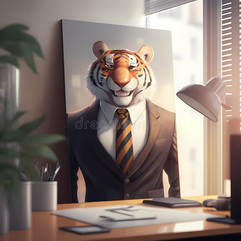 Happy Tiger Businessman Frame In Office. Generative AI vector illustration