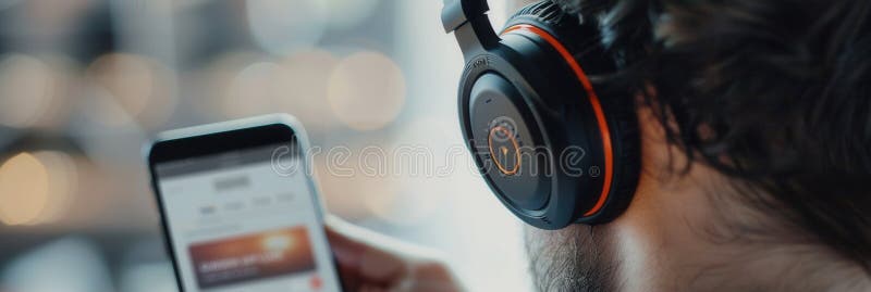 Close-up of headphones on ear while using smartphone for music app listening experience Generative AI stock images