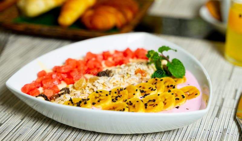 Close up of Healthy breakfast topped fresh fruit stock image Close up of Healthy breakfast topped fresh fruit stock image