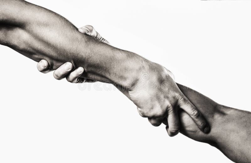 Close up help hand. Two hands, helping arm of a friend, teamwork. Rescue, helping gesture or hands. Black and white
