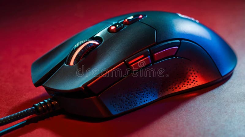 High-Precision Gaming Mouse on Red Background. stock illustration.