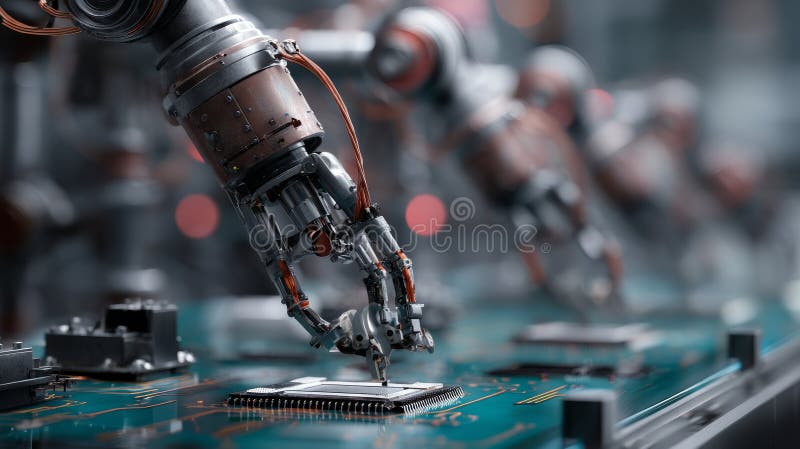 Close-up of High Precision Robot Arms on Automated PCB Assembly Line Inside Modern Electronics Factory. Component Installation stock image