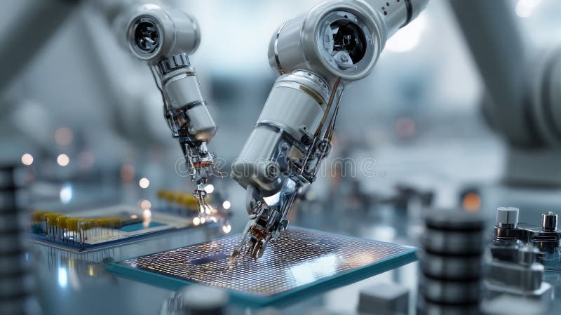 Close-up of High Precision Robot Arms on Automated PCB Assembly Line Inside Modern Electronics Factory. Component Installation stock photography