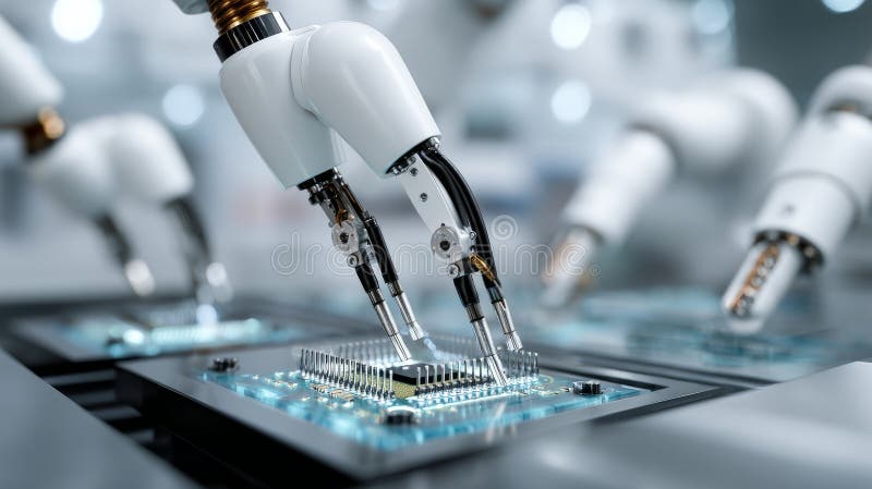 Close-up of High Precision Robot Arms on Automated PCB Assembly Line Inside Modern Electronics Factory. Component Installation stock image
