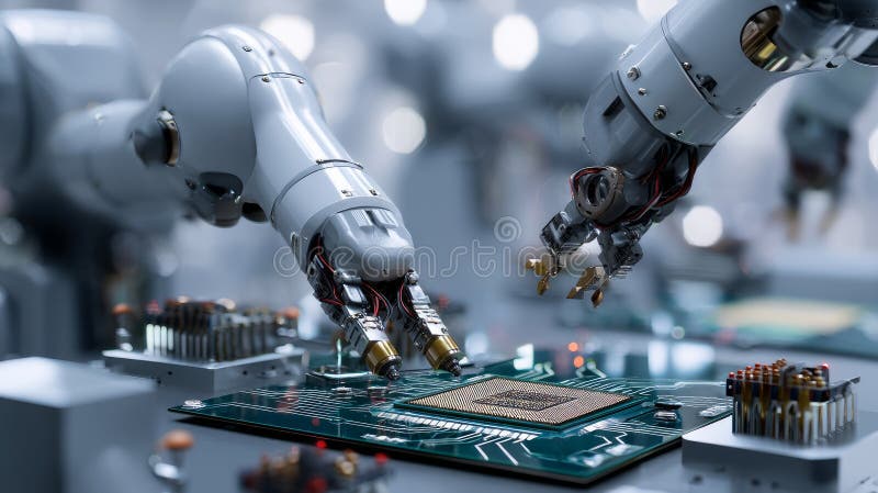 Close-up of High Precision Robot Arms on Automated PCB Assembly Line Inside Modern Electronics Factory. Component Installation royalty free stock photos