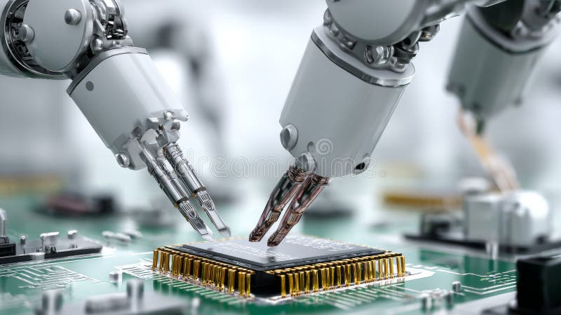 Close-up of High Precision Robot Arms on Automated PCB Assembly Line Inside Modern Electronics Factory. Component Installation royalty free stock photography