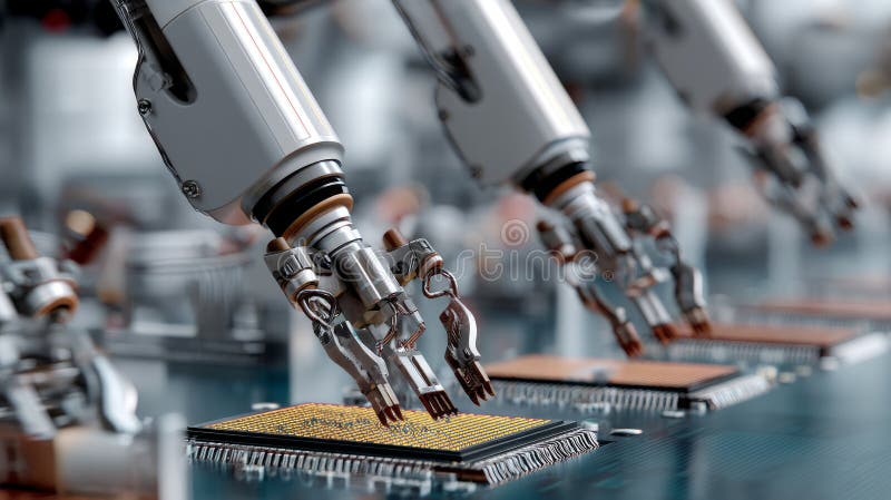 Close-up of High Precision Robot Arms on Automated PCB Assembly Line Inside Modern Electronics Factory. Component Installation royalty free stock photography