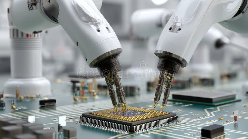 Close-up of High Precision Robot Arms on Automated PCB Assembly Line Inside Modern Electronics Factory. Component Installation royalty free stock photography