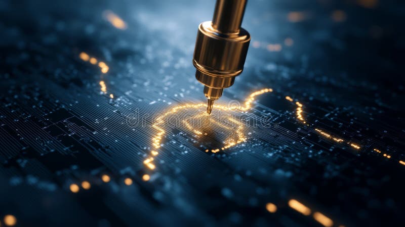 Close-up of a high-precision tool engaged with a circuit board, with glowing lines symbolizing data flow and connectivity royalty free illustration