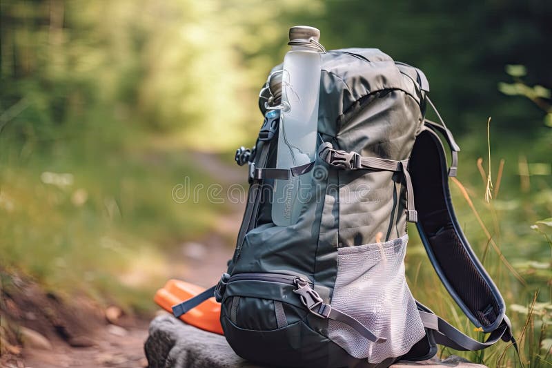 Closeup of Hiking Backpack with Map and Water Bottle Visible Stock Illustration Illustration
