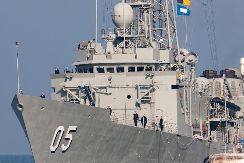 Melbourne, Australia - June 12, 2015: Close up of the HMAS Melbourne FFG 05 Adelaide-class guided-missile frigate of the Royal Australian Navy