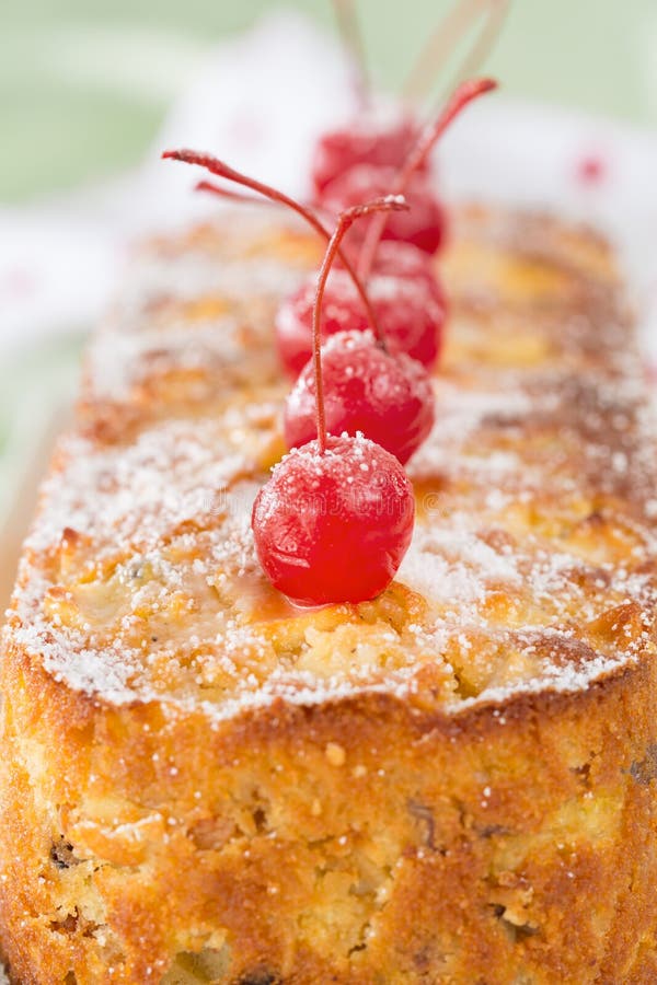 Closeup of Homemade Fruit Cake with Maraschino Cherries Stock Image