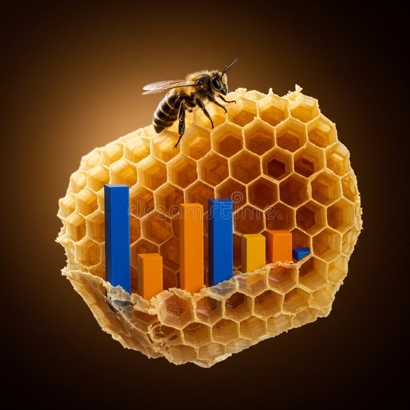 A close-up of a honeybee (Apis mellifera) on a honeycomb displaying hexagonal cells. stock illustration