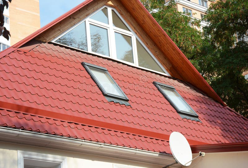 House Attic Construction with Skylight Windows. Metal Roofing C stock photos House Attic Construction with Skylight Windows. Metal Roofing C stock photos