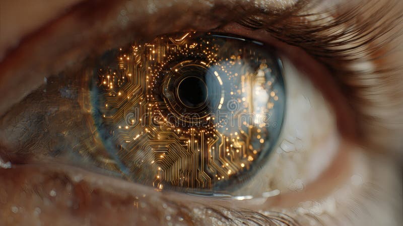 Close Up of Human Eye with Digital Circuitry Pattern in Iris for Technology and Innovation Concepts royalty free illustration