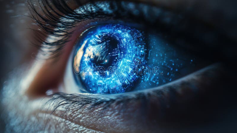 Close-up of a human eye with a futuristic digital interface reflected in the iris stock illustration