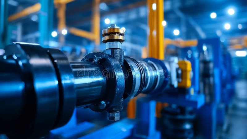Closeup Hydraulic Cylinder Assembly in Factory Industrial machinery hydraulic power precision engineering manufacturing vector illustration