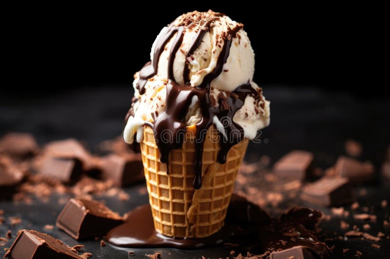 Close-up of ice cream cone with chocolate topping stock image