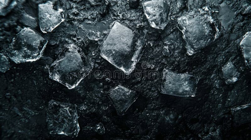 Close-up of ice cubes on a dark surface. stock photography