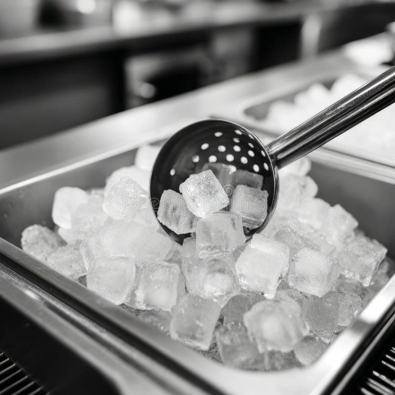 Close-up of ice cubes in a metal tray with scoop, black and white. stock photos
