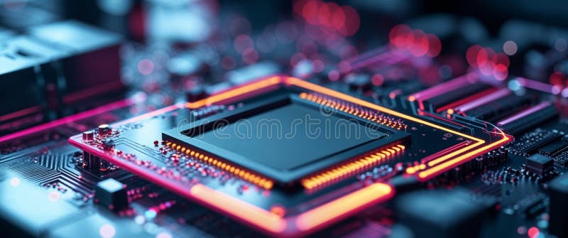 Close Up of Illuminated Circuit Board with Central Processor royalty free stock images