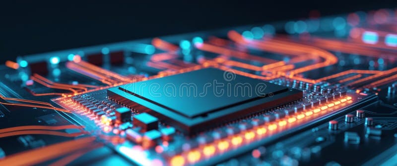 Close Up of Illuminated Circuit Board with Central Processor. stock images