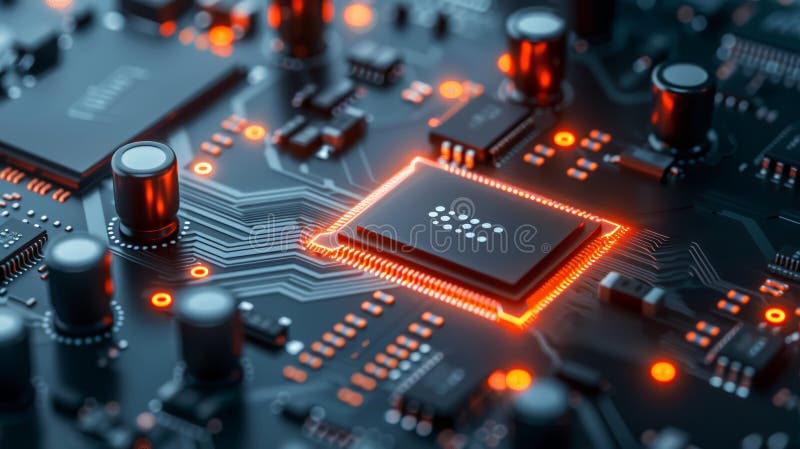 Close-up of illuminated microchip on circuit board stock illustration