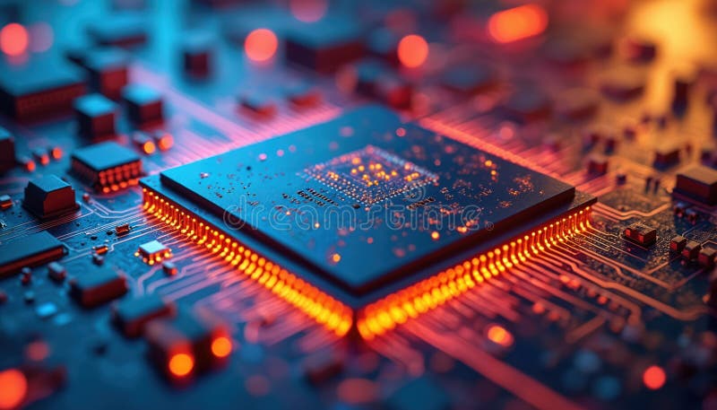 Close-up illustration of a computer chip. Electronic circuit board details, processor technology. Digital data processing stock illustration