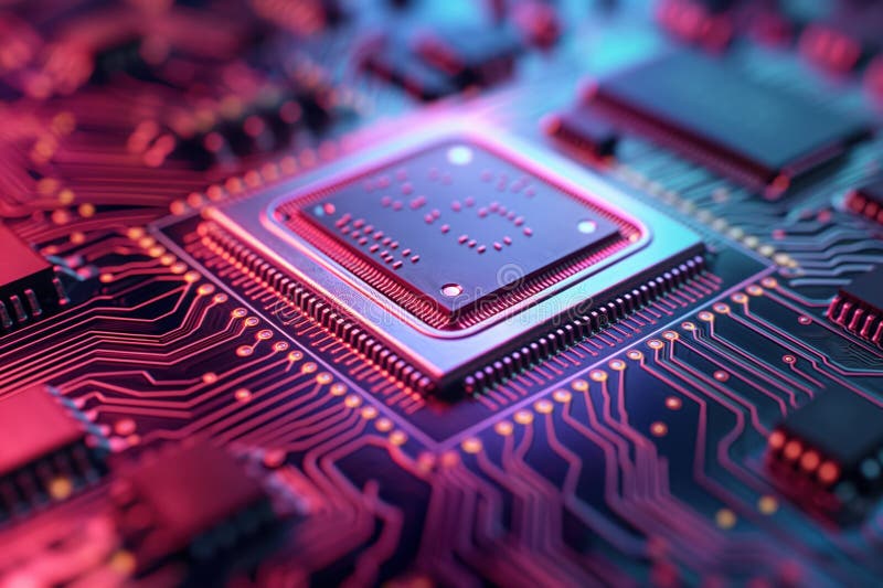 Close-up illustration of electronic component on circuit board. Digital microchip, processor, computer hardware, motherboard vector illustration