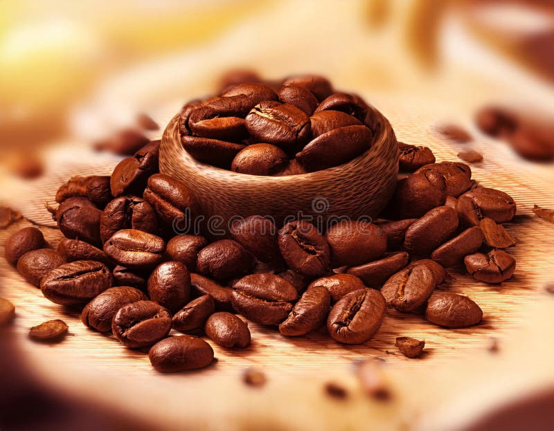Close-Up Depiction of Roasted Coffee Beans in a Rustic Setting royalty free illustration