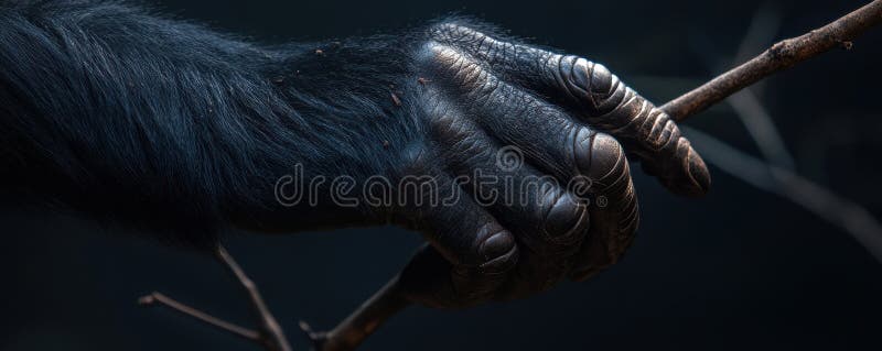 Macro shot of a gorilla&#x27;s hand grasping a branch, showcasing the intricate texture and strength of this majestic royalty free stock photo