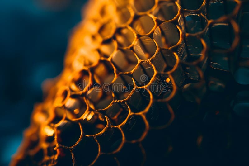 Golden honeycomb cells create an abstract, geometric pattern. The deep blues and yellows give it a warm, natural stock photo