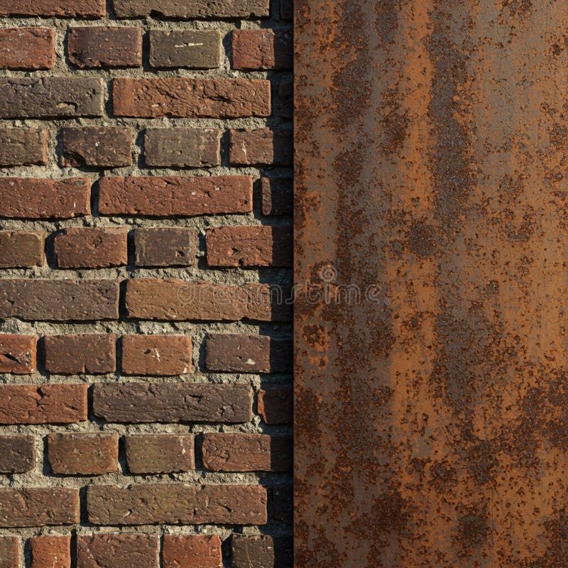 A close-up image displays a juxtaposition of a brick wall and a rusted metal panel. royalty free illustration