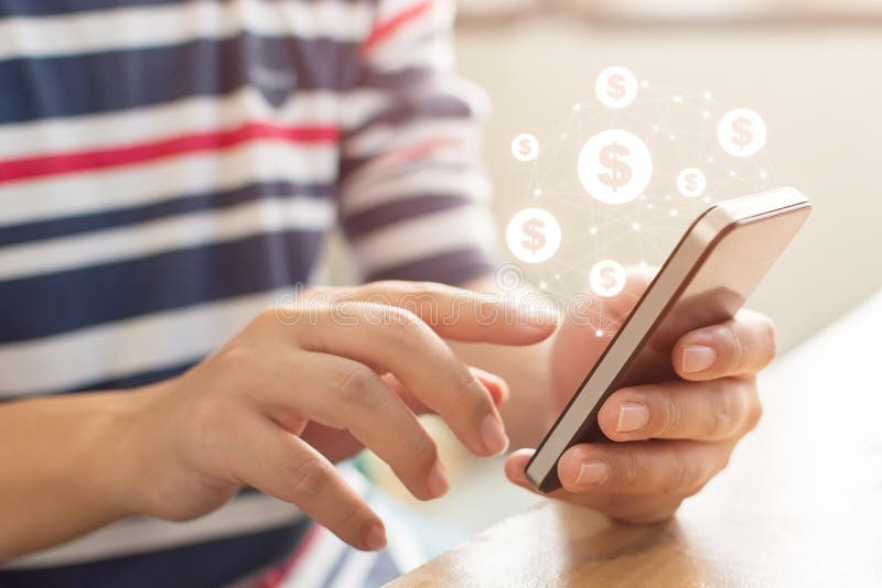 Close up image hand using mobile phone with online transaction application, Concept financial technology fin-tech stock image