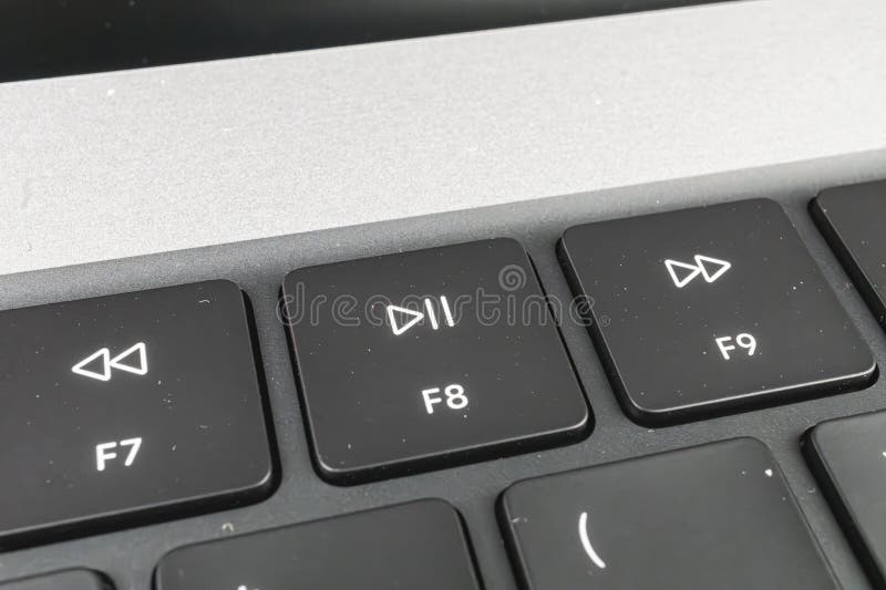 Close-up image of a modern, sleek laptop keyboard with focus on the function keys F1 to F9, particularly the highlighted stock photos