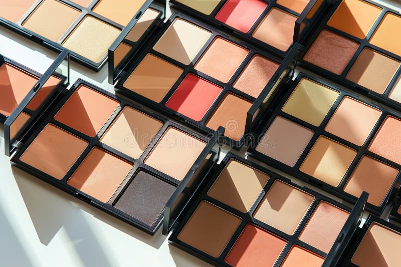 A close-up image of several makeup palettes, featuring various contouring and highlighting shades. Generative AI royalty free stock image