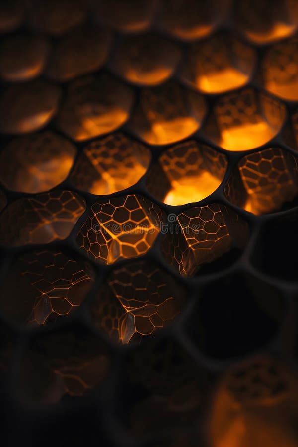 Abstract illuminated honeycomb structure with geometric precision, radiating a warm, textured glow and intricate royalty free stock photos