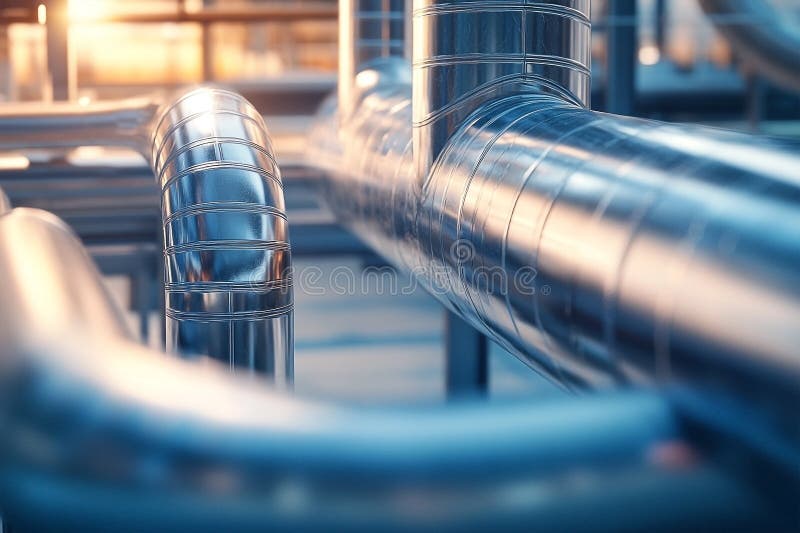 Industrial Pipeline System: Metallic Pipes and Connections with Sunlight royalty free stock photography