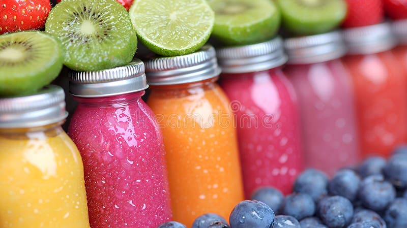 Colorful fruit smoothies in small bottles vector illustration