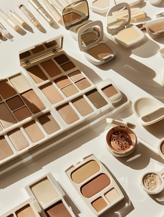 A close-up image showcasing various contouring palettes and highlighters neatly organized on a white surface. Generative stock photography