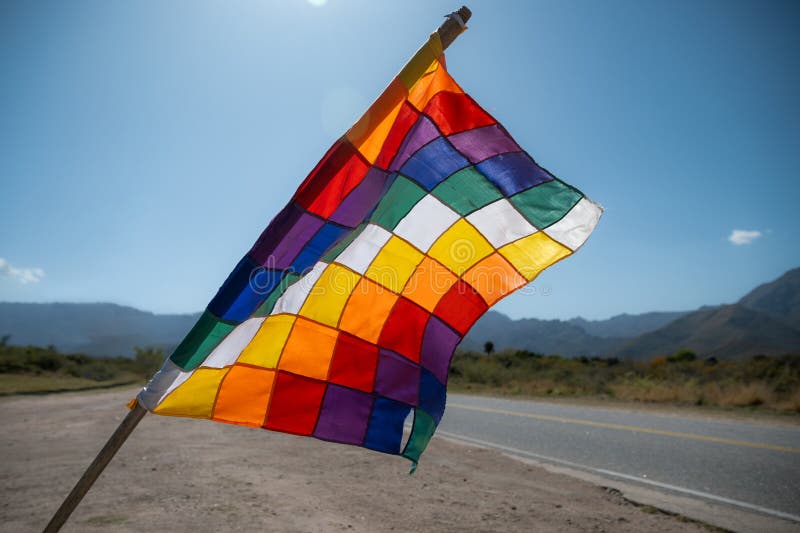 Close up image of a silk Wiphala Flag - a symbol commonly used to represent native peoples of the Andes stock image