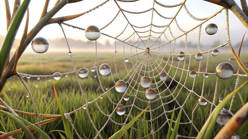 Spider web dew drops nature detail close up png transparent image Generative AI stock illustration