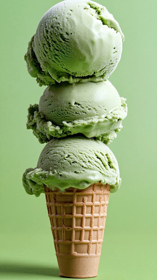 Triple scoop of pistachio ice cream on a waffle cone stock images