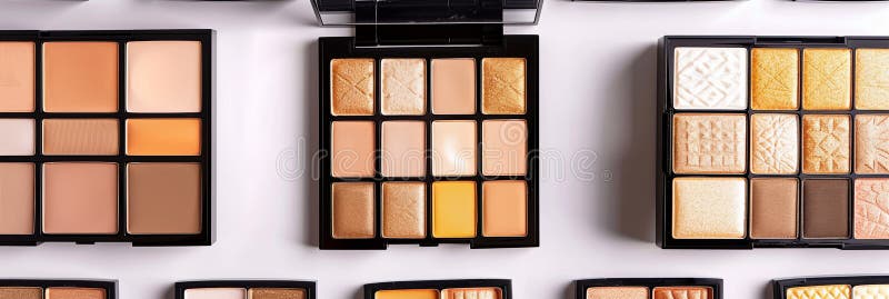 A close-up image of various contouring and highlighting palettes arranged on a light background. Generative AI stock image