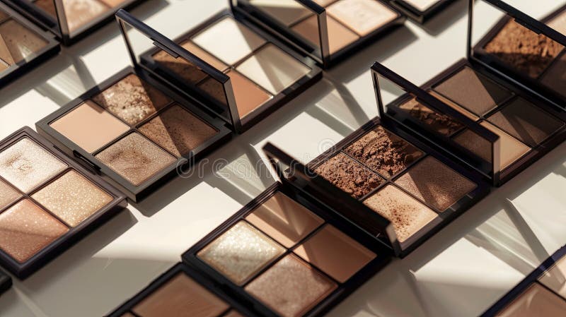 Close-up image of various contouring palettes and highlighters arranged on a white surface. Generative AI royalty free stock images
