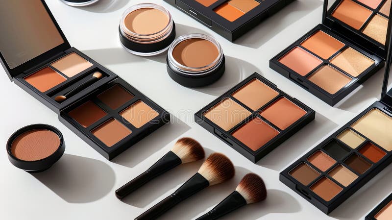 A close-up image of various contouring palettes and highlighters on a white surface. The products are arranged in an royalty free stock images