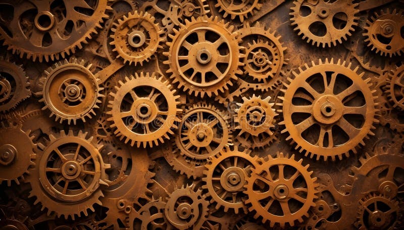 A close-up image of various intricately detailed gears and cogs, primarily in gold, arranged on a brown background. vector illustration