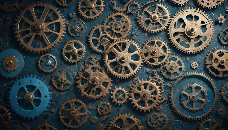 A close-up image of various intricately detailed gears and cogs, primarily in gold and silver, arranged on a blue stock illustration