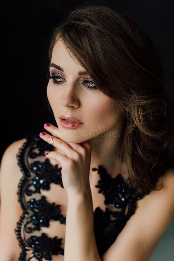 Close Up. Individuality. Thoughtful Elegant Lady in Black Prom Evening ...